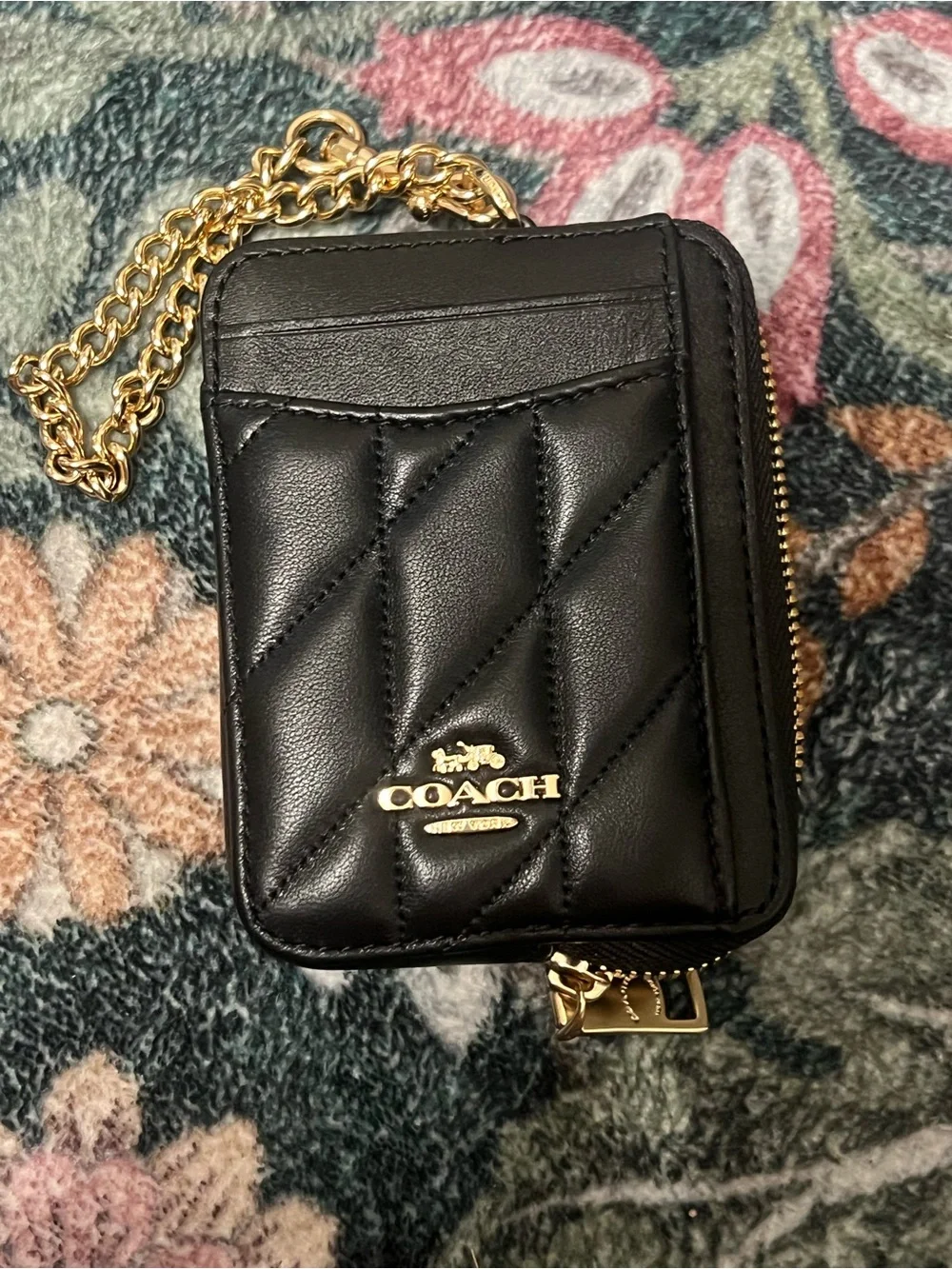 Coach Black Quilted Leather Card Holder with Gold Chain